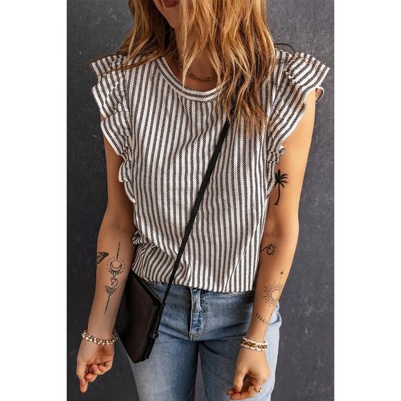 Azura Exchange  Gray Crew Neck Ruffled Striped Tank Top - Picture 1 of 15